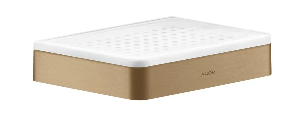 Seifenschale oder Ablage von AXOR in Brushed Bronze mit einer weißen oberen Fläche, die Belüftungslöcher aufweist, zur optimalen Wasserableitung.